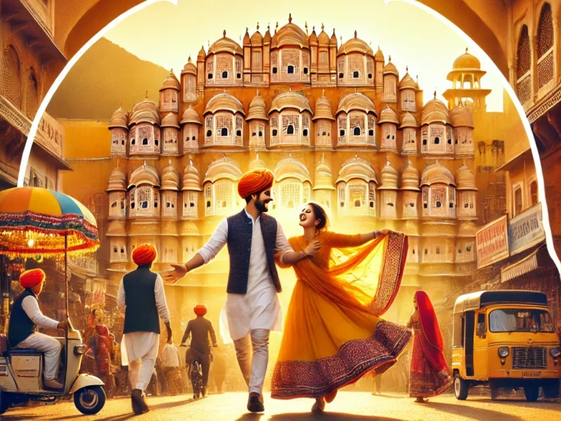 A stunning and vibrant thumbnail showcasing candid photography in Jaipur. The image features a couple joyfully walking through the historic streets.
