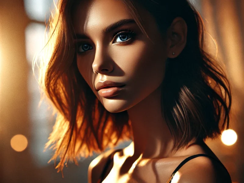 A stunning cinematic portrait photography scene using natural light. The image should feature a model illuminated by soft golden hour light.