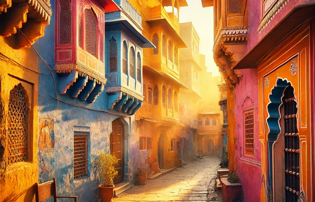 A stunning hidden alley in Jaipur, India, with vibrant colorful walls, traditional architecture, and soft golden sunlight.