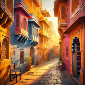 A stunning hidden alley in Jaipur, India, with vibrant colorful walls, traditional architecture, and soft golden sunlight.