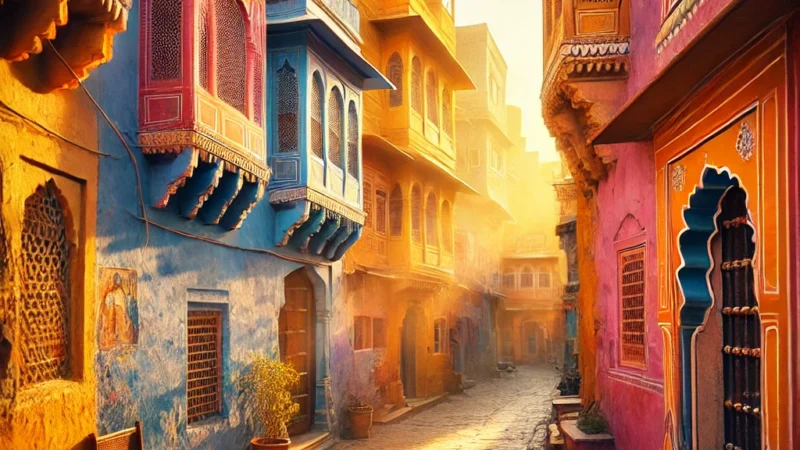A stunning hidden alley in Jaipur, India, with vibrant colorful walls, traditional architecture, and soft golden sunlight.
