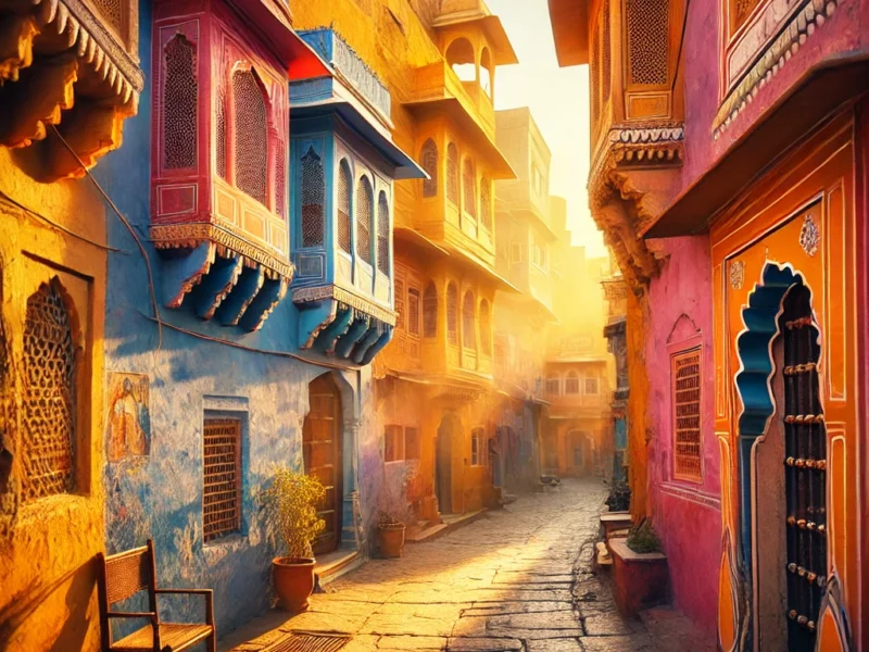A stunning hidden alley in Jaipur, India, with vibrant colorful walls, traditional architecture, and soft golden sunlight.