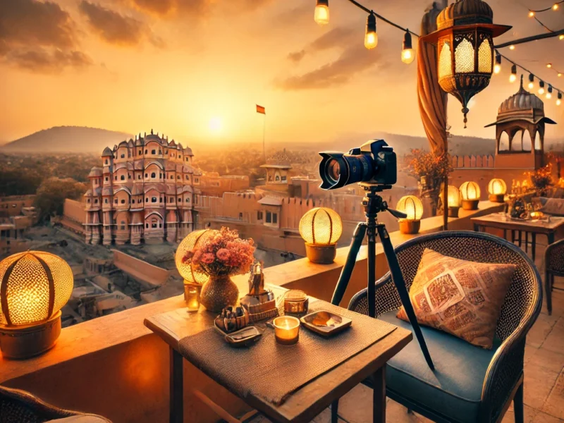 A stunning rooftop view of Jaipur with a sunset in the background. The scene includes the iconic Hawa Mahal and Nahargarh Fort, with a cozy rooftop.