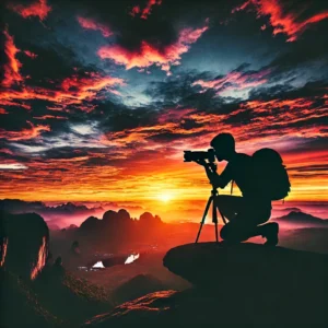 A stunning silhouette photography scene featuring a lone photographer capturing a dramatic sunset over a scenic landscape.