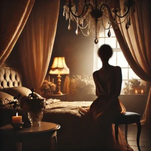 A tasteful and artistic boudoir photography setup featuring soft, moody lighting, elegant drapery, and a luxurious vintage-style bedroom setting.