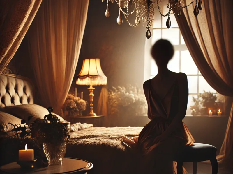 A tasteful and artistic boudoir photography setup featuring soft, moody lighting, elegant drapery, and a luxurious vintage-style bedroom setting.