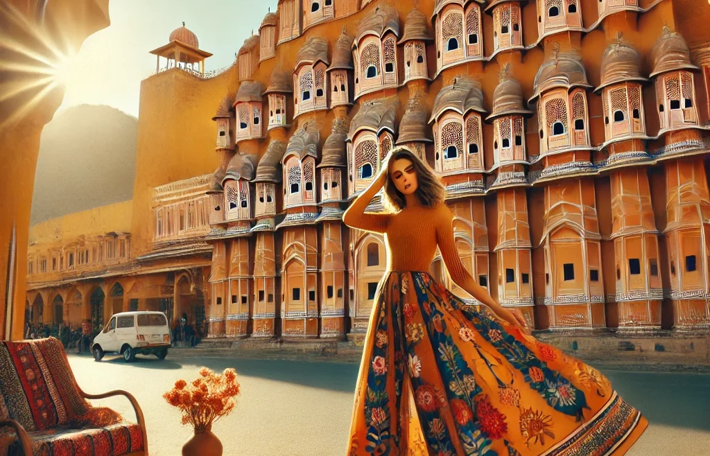 A vibrant and colorful scene of Jaipur, India, showcasing a stunning Instagram-worthy photoshoot spot.