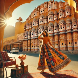 A vibrant and colorful scene of Jaipur, India, showcasing a stunning Instagram-worthy photoshoot spot.
