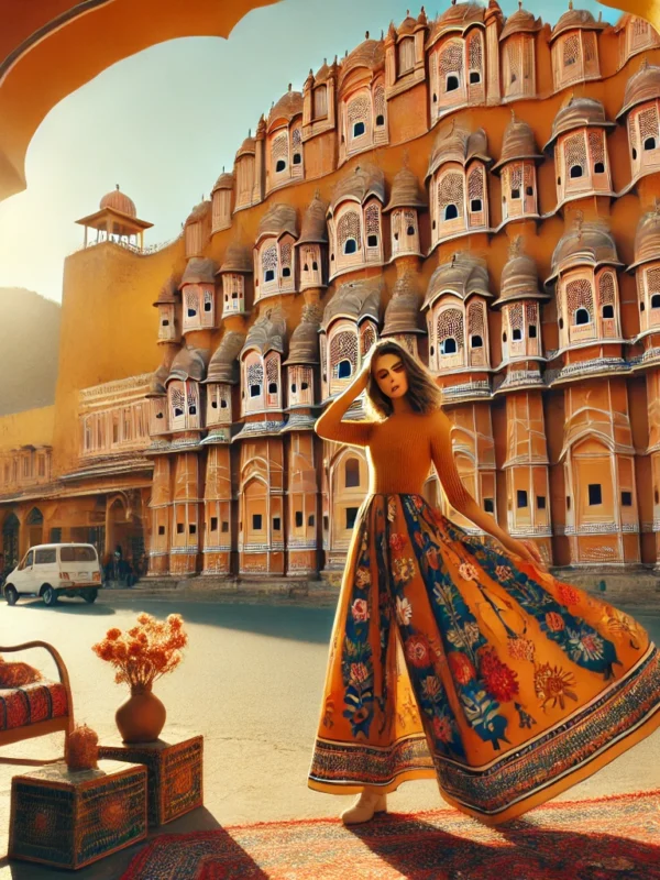 A vibrant and colorful scene of Jaipur, India, showcasing a stunning Instagram-worthy photoshoot spot.