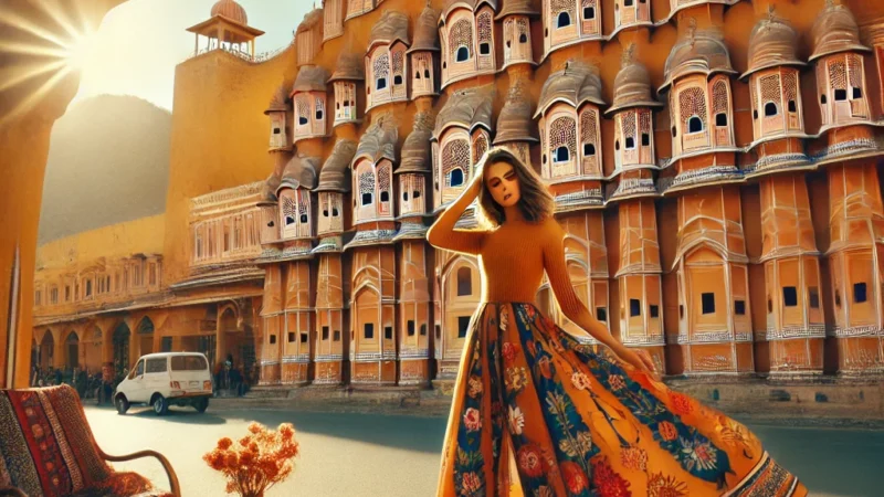 A vibrant and colorful scene of Jaipur, India, showcasing a stunning Instagram-worthy photoshoot spot.