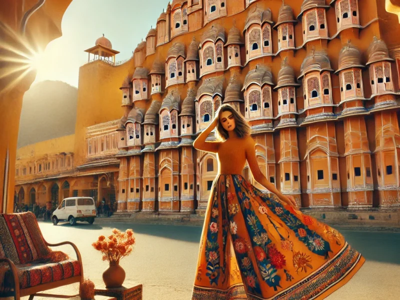 A vibrant and colorful scene of Jaipur, India, showcasing a stunning Instagram-worthy photoshoot spot.