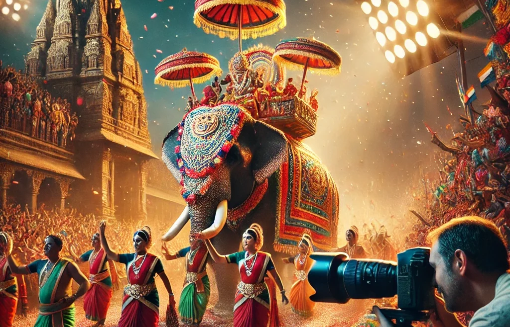 A vibrant festival photography scene in India, capturing a colorful procession with traditional dancers, decorated elephants, and people celebrating.