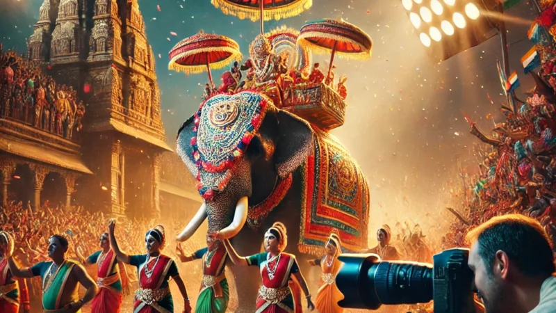 A vibrant festival photography scene in India, capturing a colorful procession with traditional dancers, decorated elephants, and people celebrating.