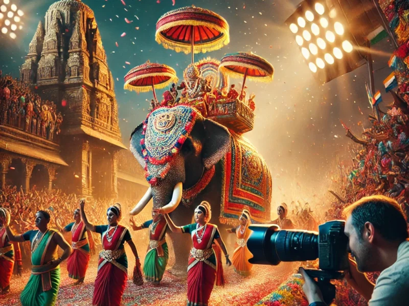 A vibrant festival photography scene in India, capturing a colorful procession with traditional dancers, decorated elephants, and people celebrating.