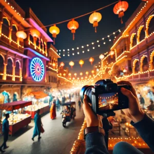 A vibrant night scene in Jaipur, India, featuring a beautifully lit street with colorful buildings, bustling markets, and glowing lanterns.