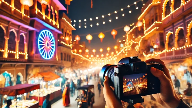 A vibrant night scene in Jaipur, India, featuring a beautifully lit street with colorful buildings, bustling markets, and glowing lanterns.