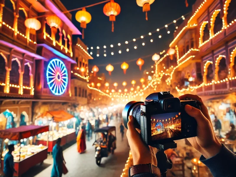 A vibrant night scene in Jaipur, India, featuring a beautifully lit street with colorful buildings, bustling markets, and glowing lanterns.
