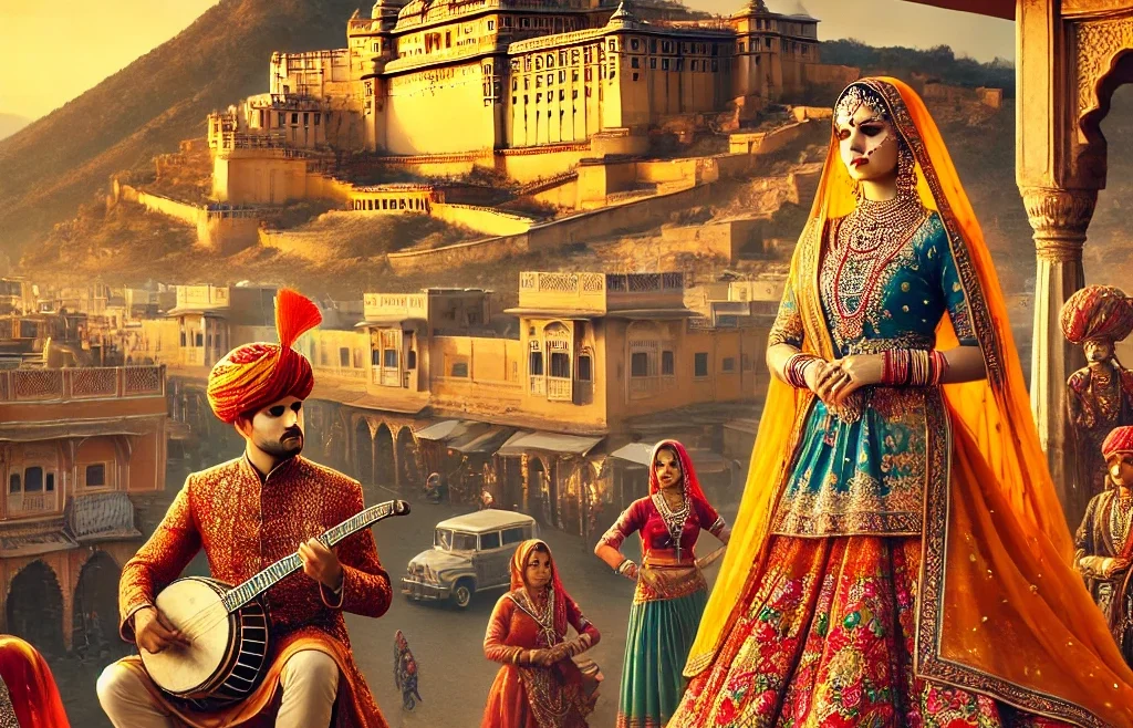 A vibrant scene capturing the essence of Authentic Rajasthani Culture in Jaipur. The image features a majestic view of Amer Fort in the background.