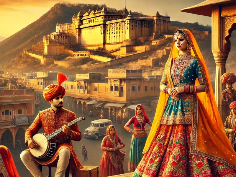 A vibrant scene capturing the essence of Authentic Rajasthani Culture in Jaipur. The image features a majestic view of Amer Fort in the background.