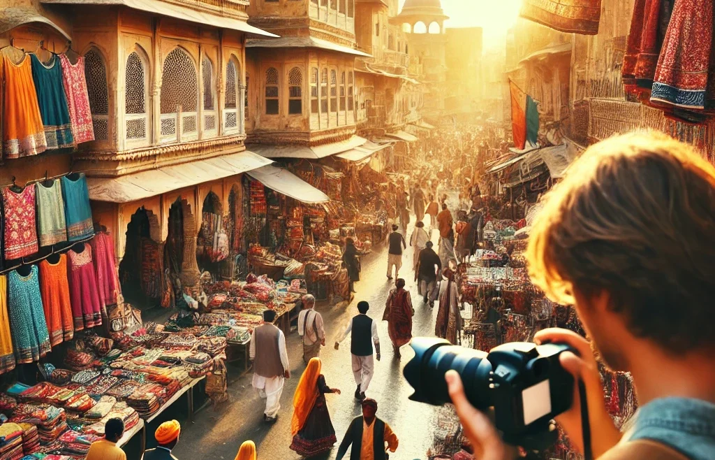 A vibrant street photography scene in Jaipur, India. The image showcases a bustling market with colorful textiles, traditional Rajasthani architecture.