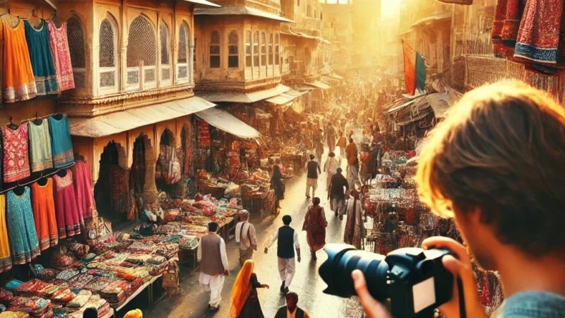 A vibrant street photography scene in Jaipur, India. The image showcases a bustling market with colorful textiles, traditional Rajasthani architecture.