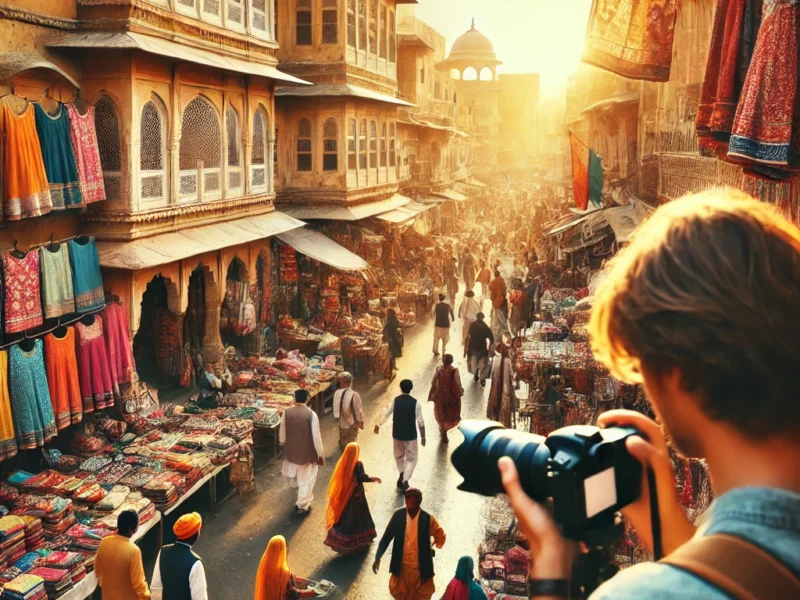 A vibrant street photography scene in Jaipur, India. The image showcases a bustling market with colorful textiles, traditional Rajasthani architecture.