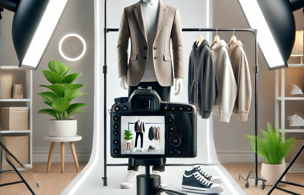 A visually appealing thumbnail featuring a professional clothing photoshoot setup. The image includes a well-lit studio environment with a mannequin.