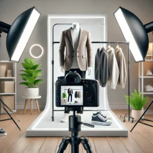A visually appealing thumbnail featuring a professional clothing photoshoot setup. The image includes a well-lit studio environment with a mannequin.