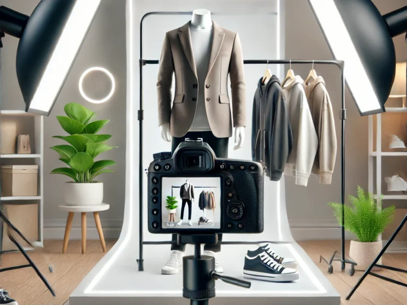 A visually appealing thumbnail featuring a professional clothing photoshoot setup. The image includes a well-lit studio environment with a mannequin.