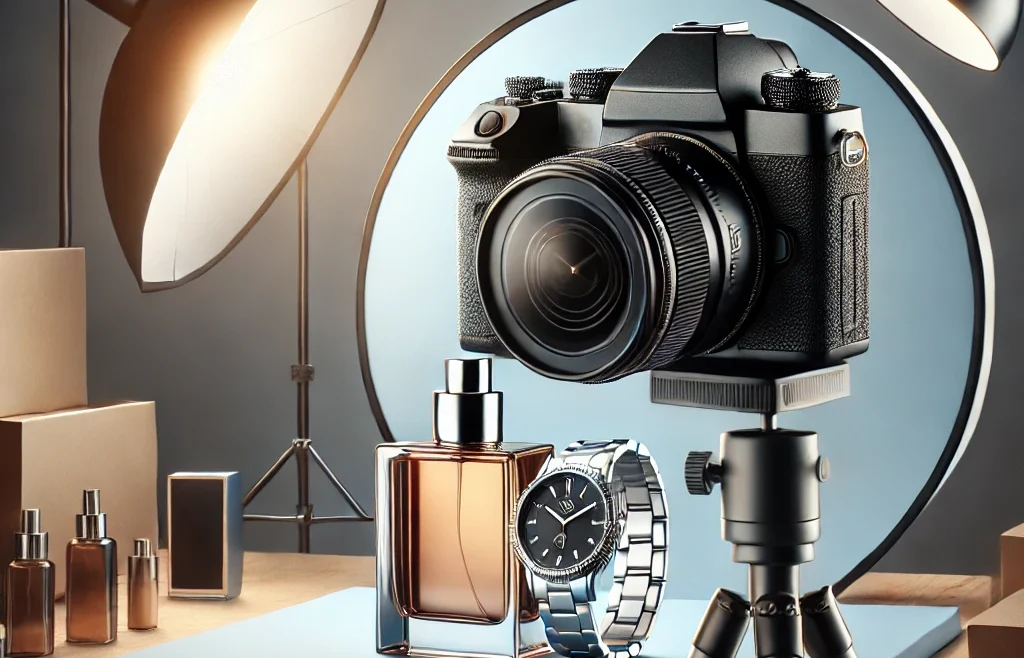 A visually appealing thumbnail featuring a professional product photography setup. The image showcases a high-quality camera on a tripod, capturing a product for online store.