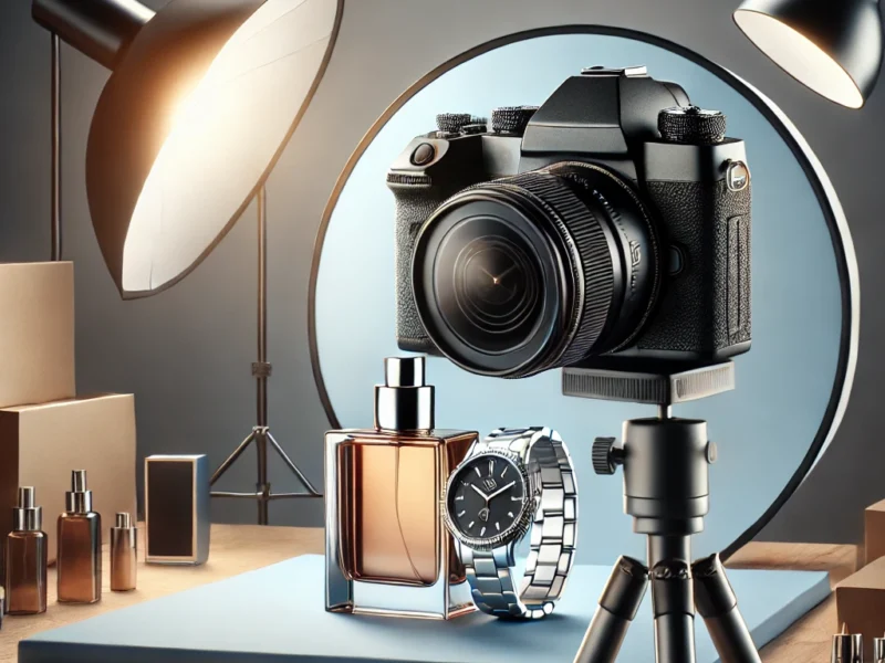 A visually appealing thumbnail featuring a professional product photography setup. The image showcases a high-quality camera on a tripod, capturing a product for online store.