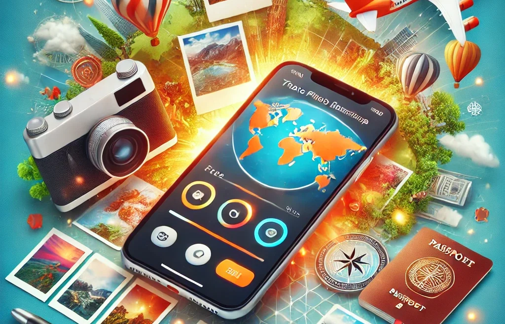 A visually appealing thumbnail featuring a smartphone displaying a travel photo editing app with vibrant, edited travel photos around it.