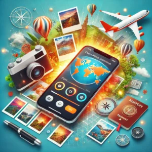 A visually appealing thumbnail featuring a smartphone displaying a travel photo editing app with vibrant, edited travel photos around it.