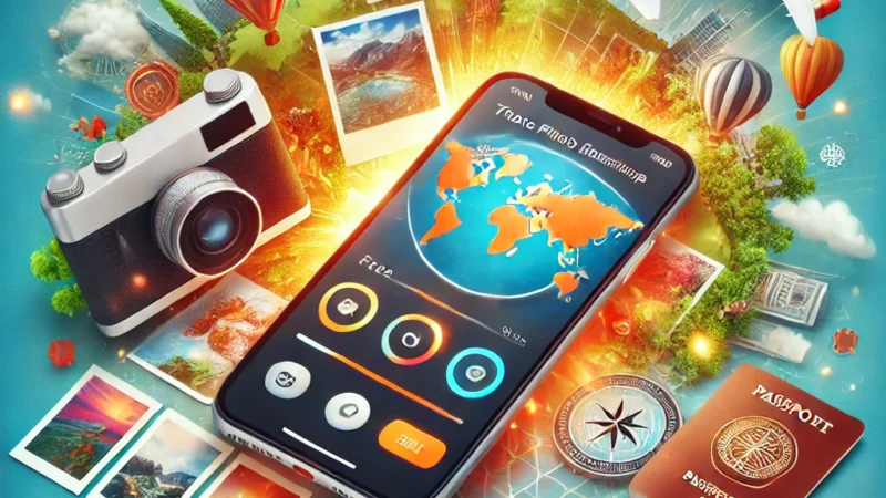 A visually appealing thumbnail featuring a smartphone displaying a travel photo editing app with vibrant, edited travel photos around it.