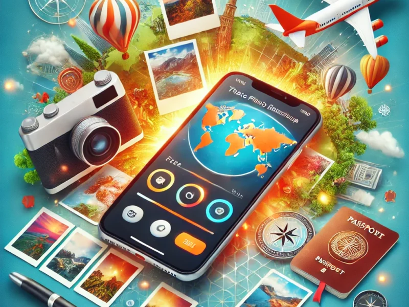 A visually appealing thumbnail featuring a smartphone displaying a travel photo editing app with vibrant, edited travel photos around it.