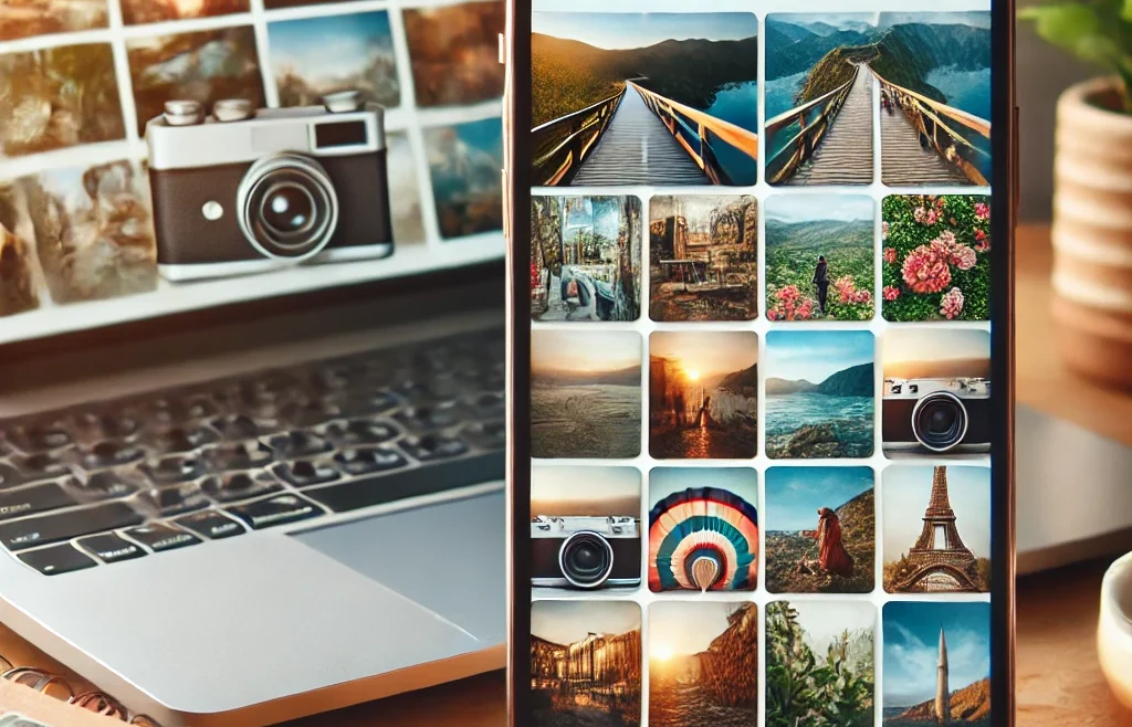 A visually appealing thumbnail featuring a well-organized digital photo gallery on a smartphone and a laptop screen, displaying travel photos.