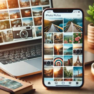A visually appealing thumbnail featuring a well-organized digital photo gallery on a smartphone and a laptop screen, displaying travel photos.