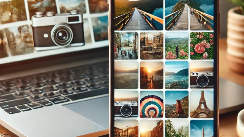 A visually appealing thumbnail featuring a well-organized digital photo gallery on a smartphone and a laptop screen, displaying travel photos.