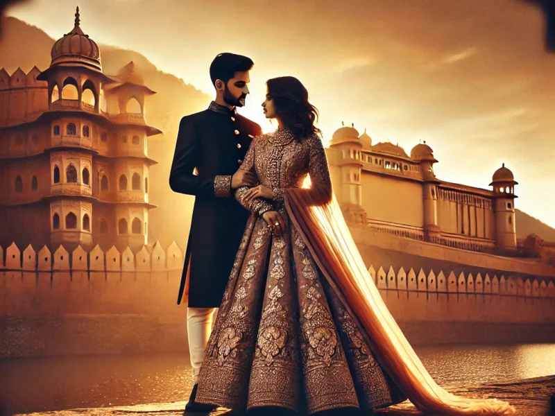 A visually captivating thumbnail featuring a romantic couple photoshoot in Jaipur, India. The background showcases the iconic Amer Fort bathed in golden hour.