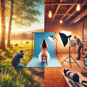 A visually engaging thumbnail comparing outdoor and studio portrait photography. The left half of the image showcases a professional photoshoot.