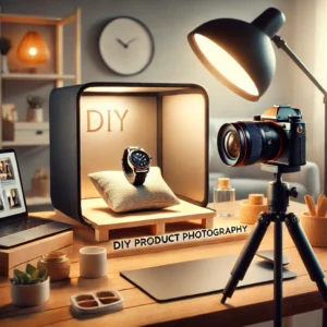 A visually engaging thumbnail featuring a DIY product photography setup at home. The image showcases a small table with a lightbox, a camera on a tripod.
