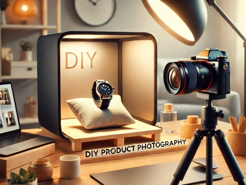 A visually engaging thumbnail featuring a DIY product photography setup at home. The image showcases a small table with a lightbox, a camera on a tripod.