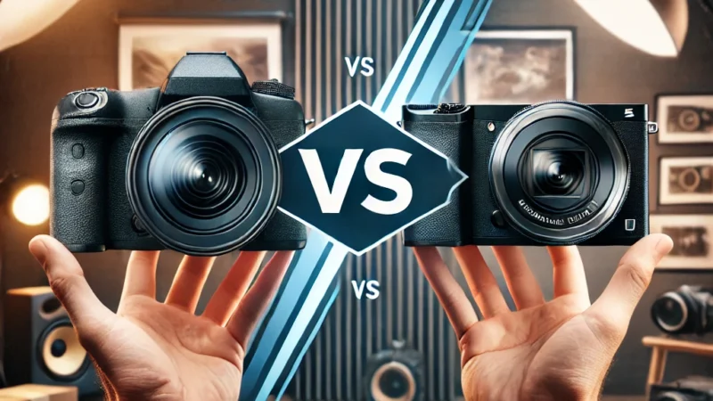 A visually engaging thumbnail featuring a DSLR camera on one side and a Mirrorless camera on the other, with a dynamic versus (VS) symbol in the middle.