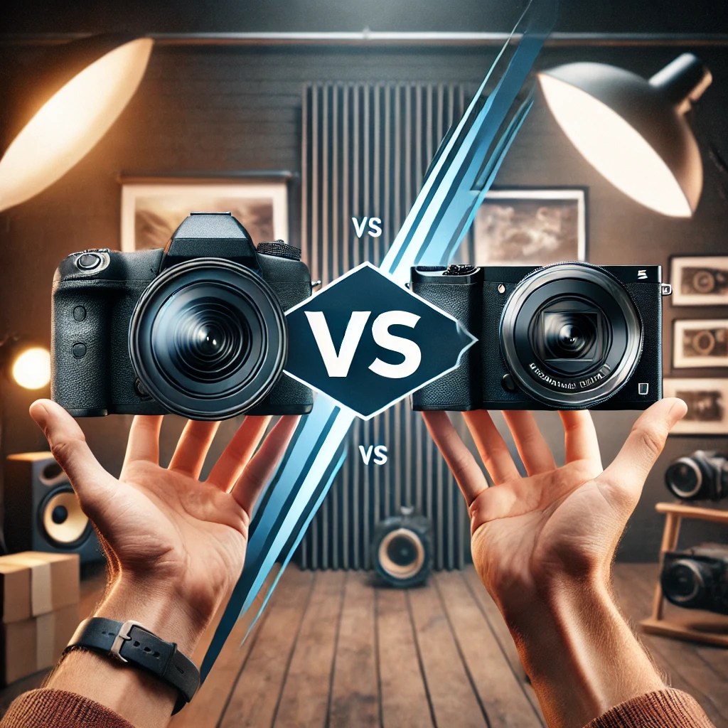 A visually engaging thumbnail featuring a DSLR camera on one side and a Mirrorless camera on the other, with a dynamic versus (VS) symbol in the middle.