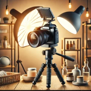 A visually engaging thumbnail featuring a professional camera on a tripod capturing a beautifully arranged product setup with perfect lighting.