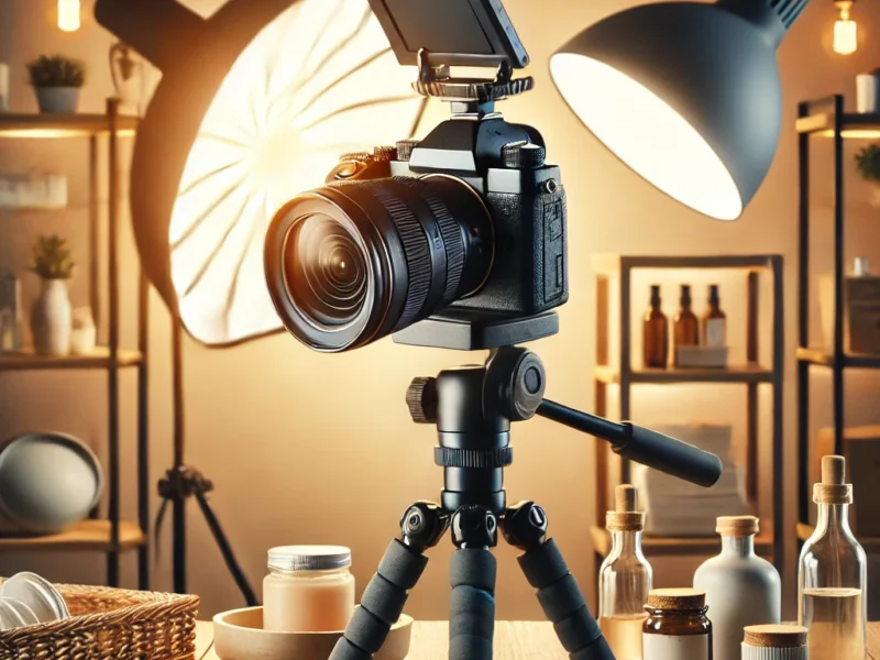 A visually engaging thumbnail featuring a professional camera on a tripod capturing a beautifully arranged product setup with perfect lighting.