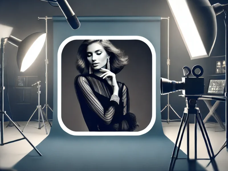 A visually engaging thumbnail featuring a professional model posing for a Professional Portfolio Shoot in a photography studio with studio lights and a camera setup in the background.