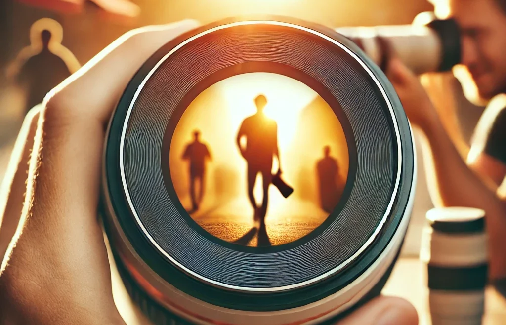 A visually engaging thumbnail featuring a professional photographer using a telephoto lens to capture a candid moment.