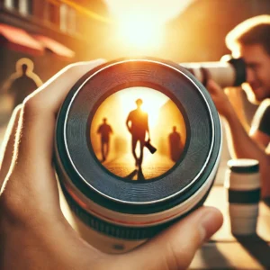 A visually engaging thumbnail featuring a professional photographer using a telephoto lens to capture a candid moment.