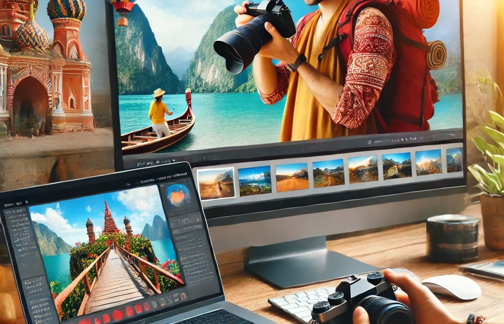 A visually engaging thumbnail featuring a professional travel photographer reviewing photos on a camera while surrounded by iconic travel destinations.